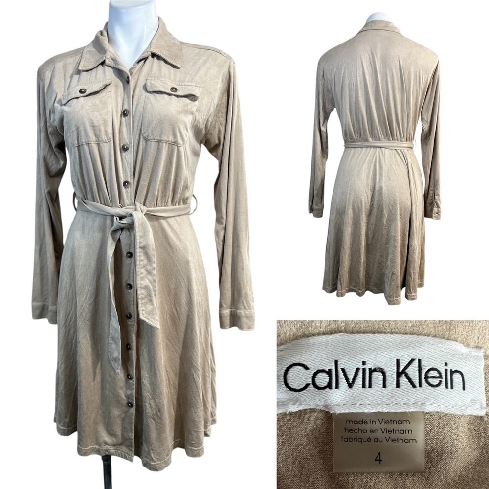 Calvin Klein Shirt Dress Sz 4 Beige faux suede Belted long sleeve knee length